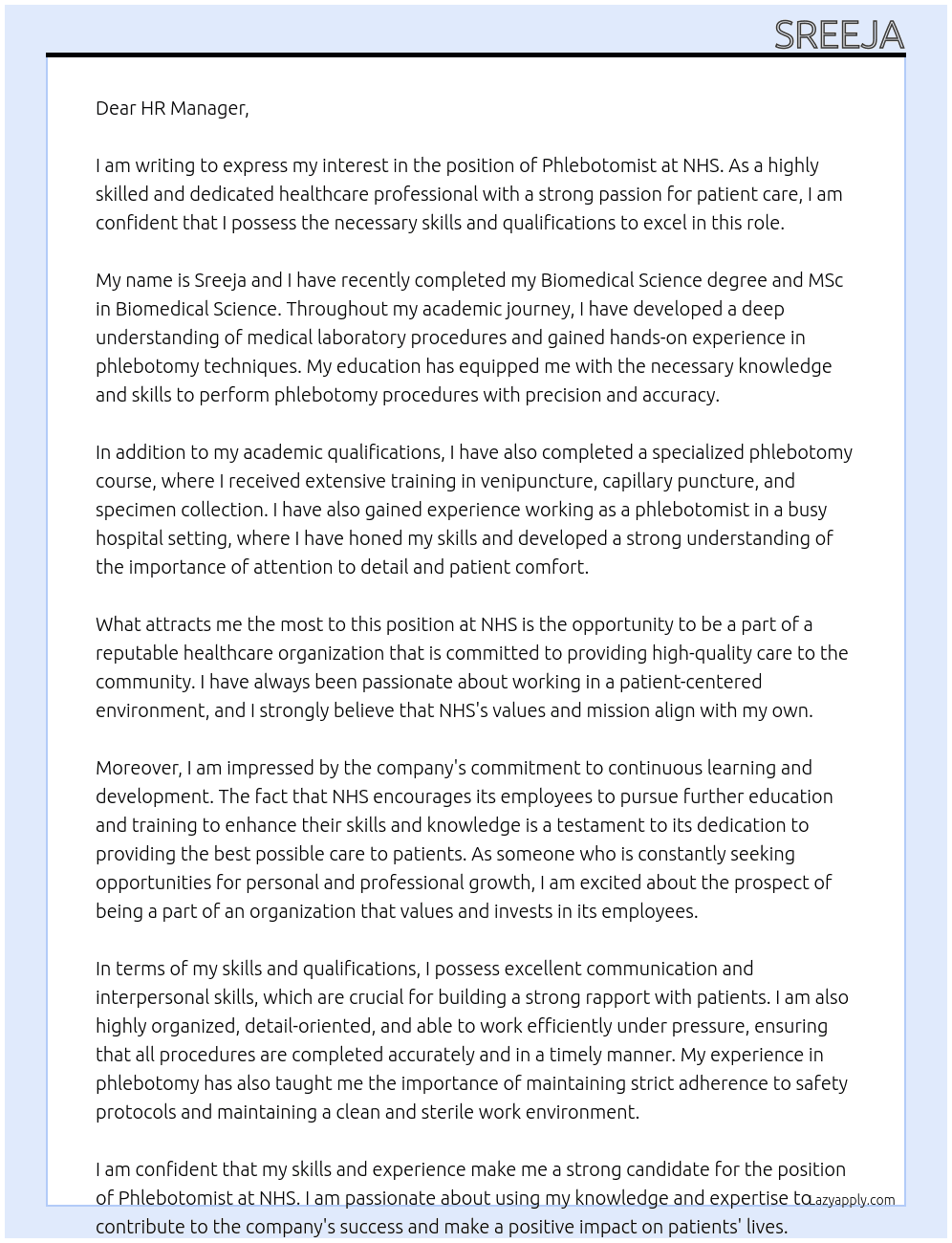 phlebotomist At nhs Cover Letter