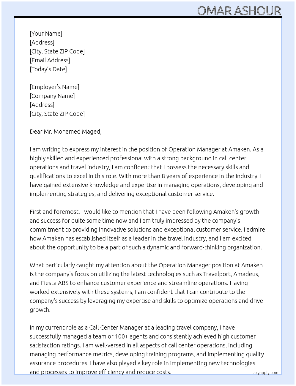 operation manager At Amaken Cover Letter