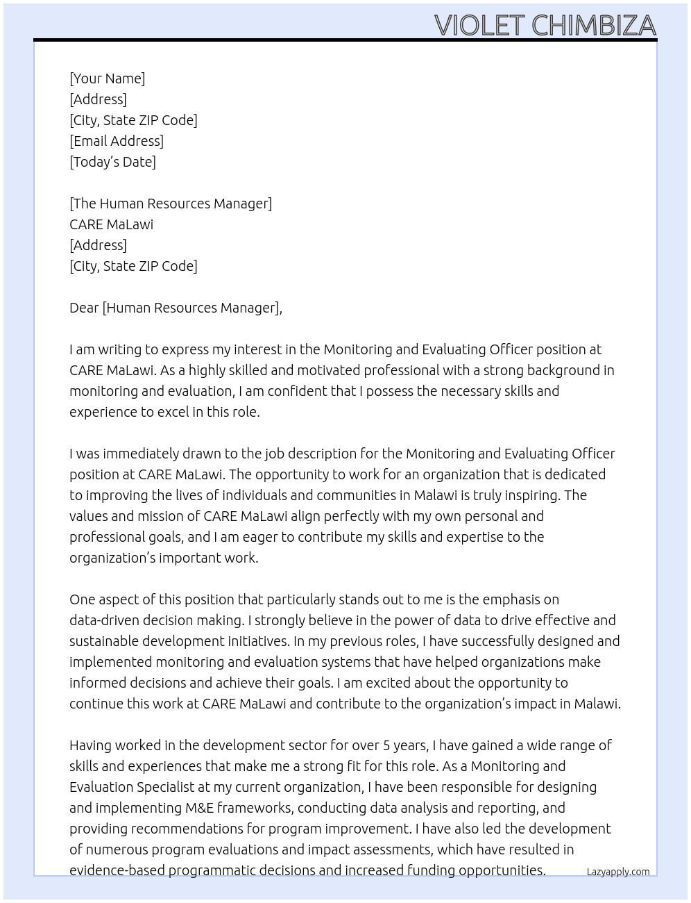 Monitoring and Evaluating Officer  At CARE MaLawi Cover Letter