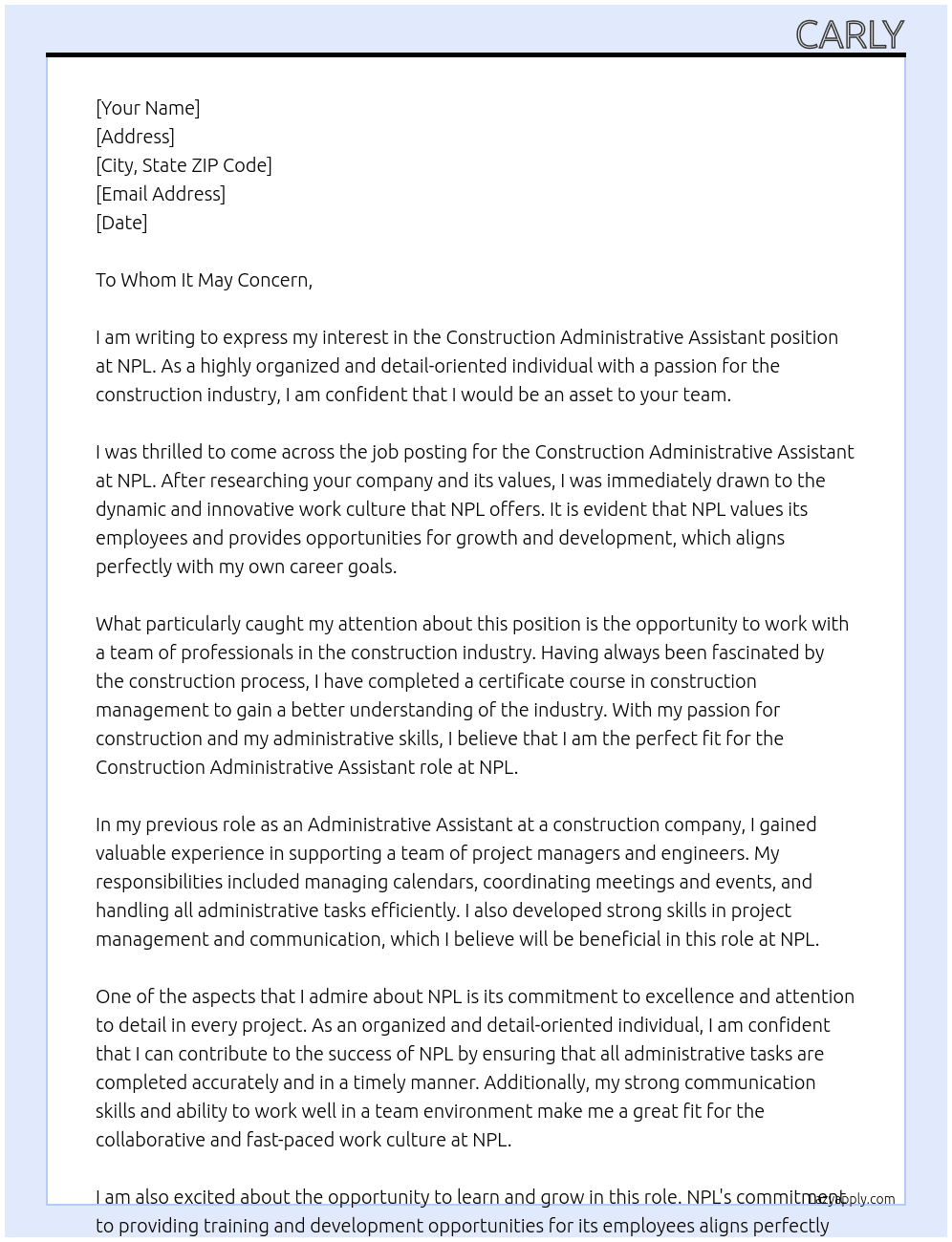 Construction Administrative Assistant At NPL Cover Letter