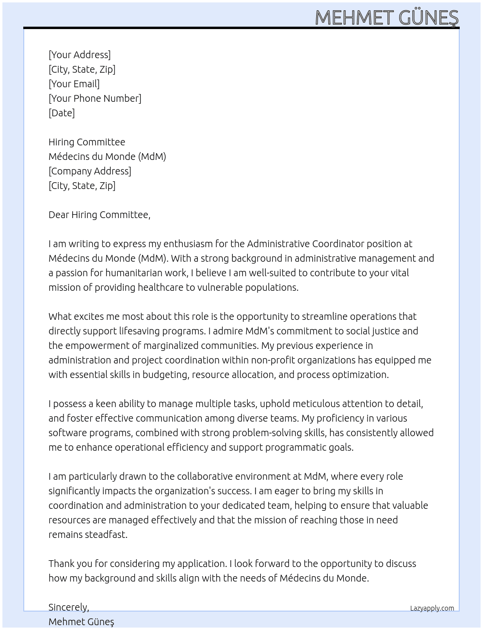 Cover letter for administrative coordinator - LazyApply