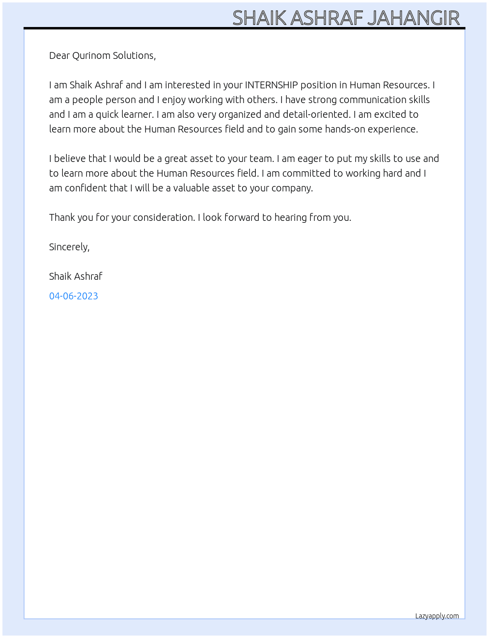 Human Resources  At Qurinom Solutions  Cover Letter