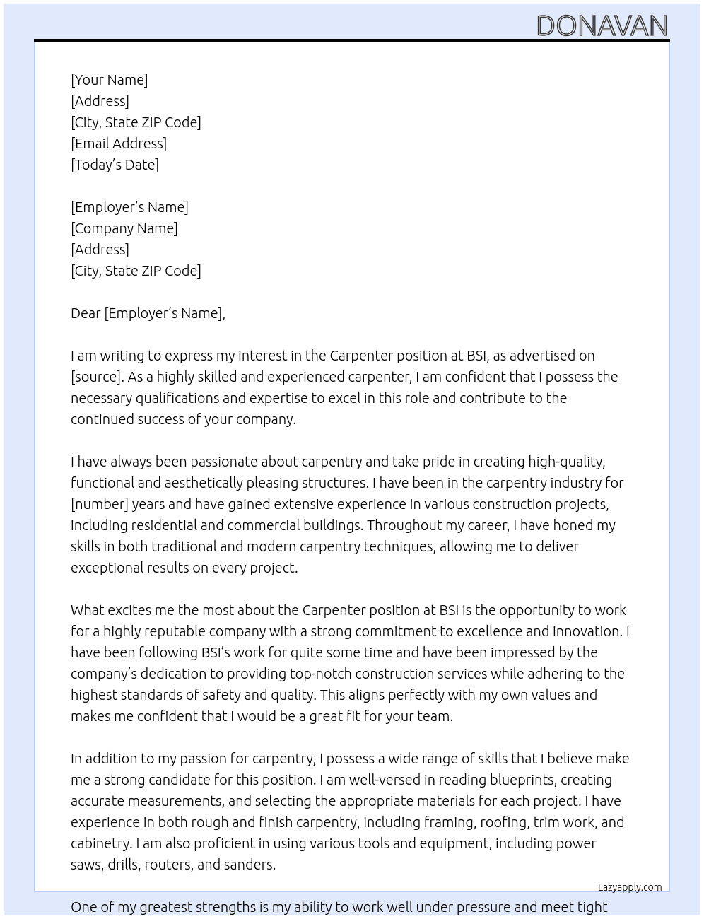 Carpenter  At BSI Cover Letter
