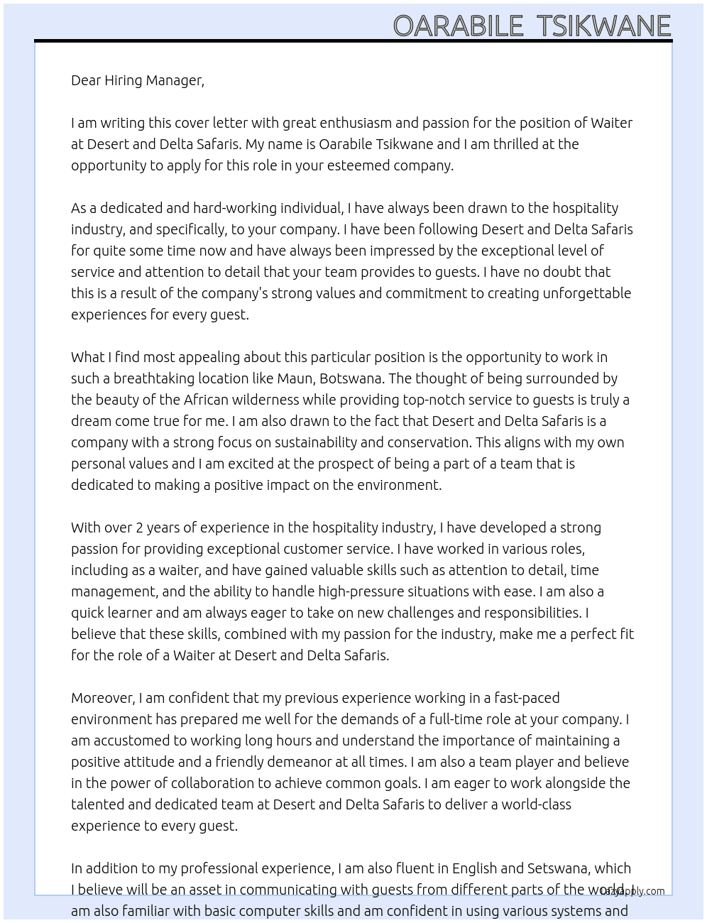 Waiter At Desert and Delta Safaris Cover Letter