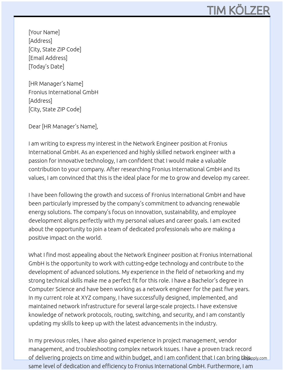 network engineer At Fronius International GmbH Cover Letter