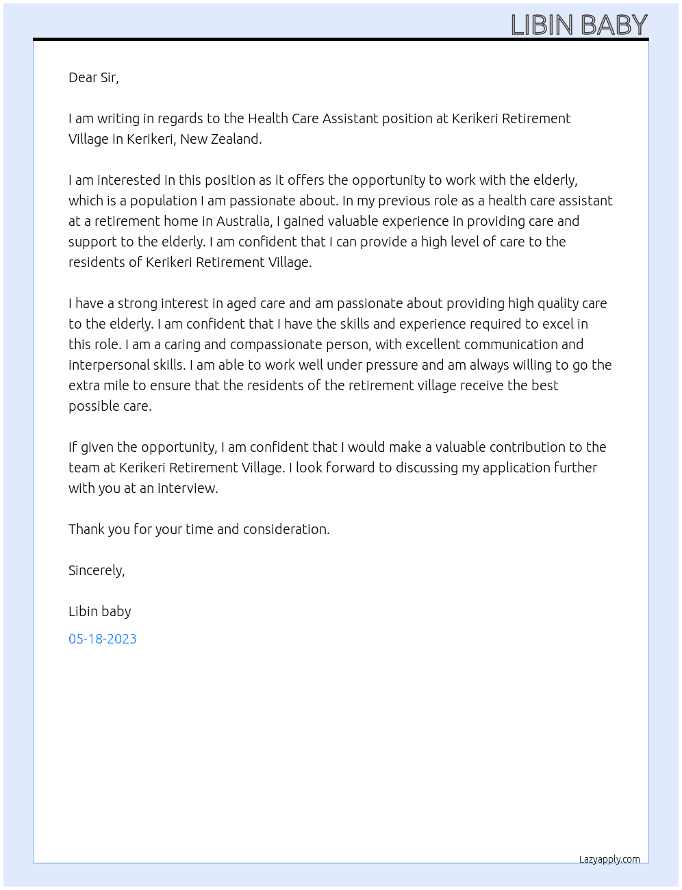 HEALTH CARE ASSISTANT At KERIKERI RETIRMENT VILLAGE, Kerikeri,northland,newzealand Cover Letter