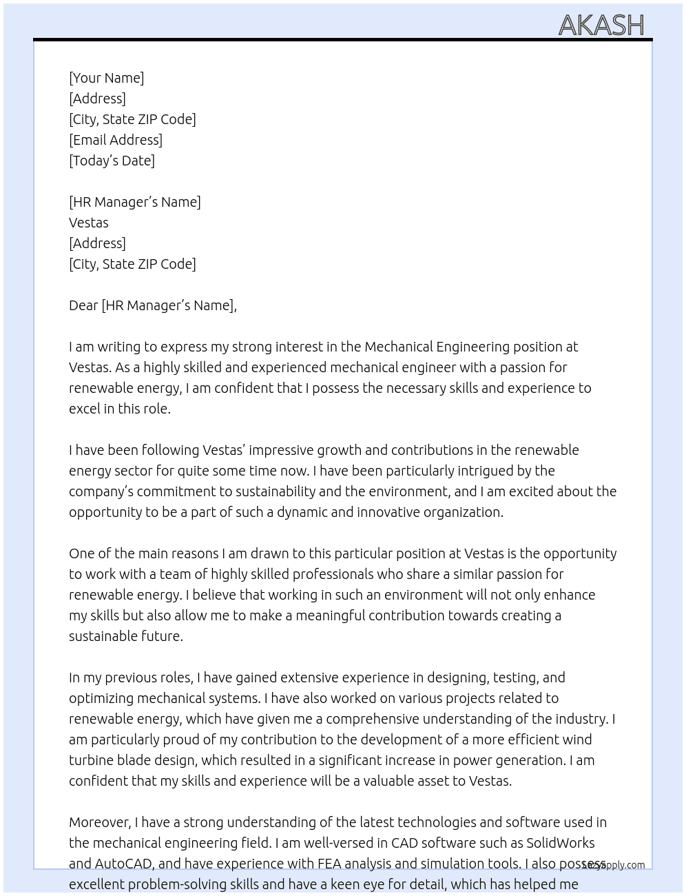 Mechanical engineering  At Vestas  Cover Letter