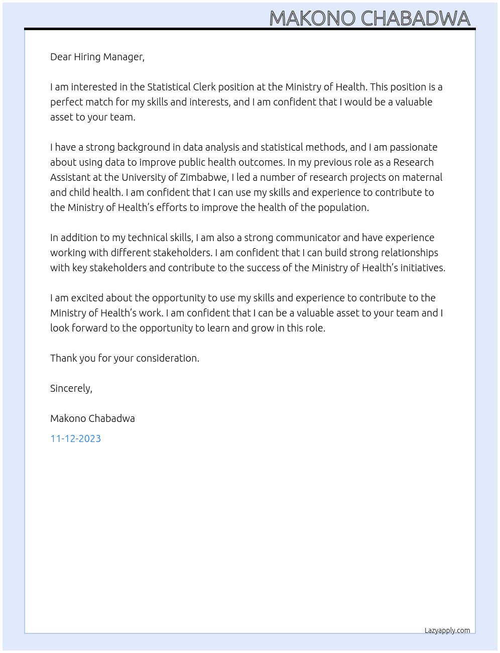 Statistical Clerk At Ministry of Health  Cover Letter