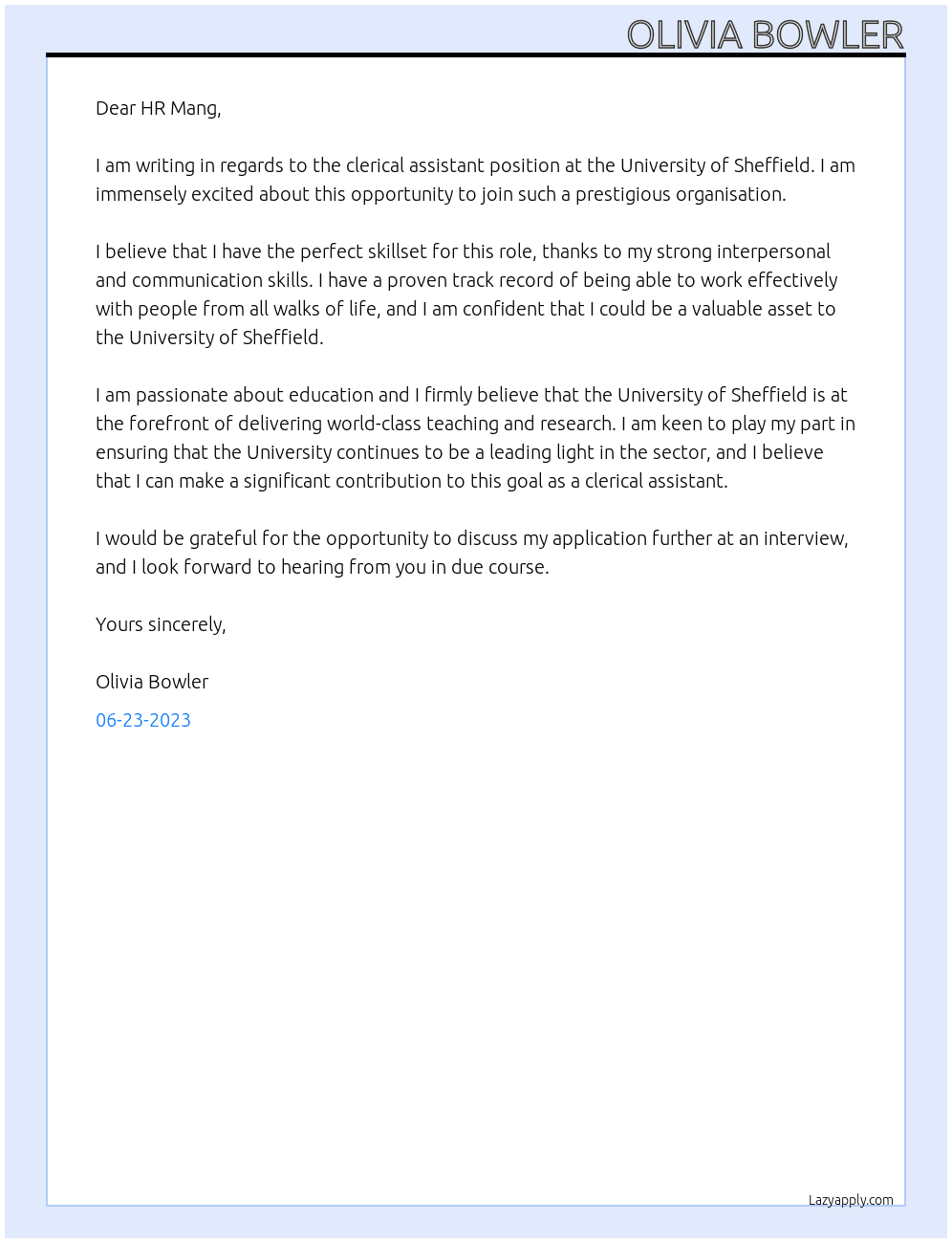 clerical assistant  At university of sheffield Cover Letter
