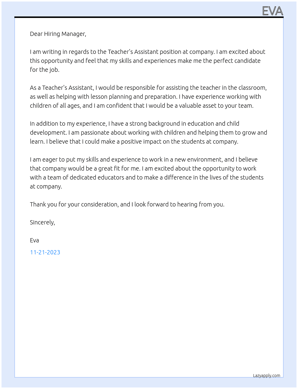 Teacher's assistant At company Cover Letter