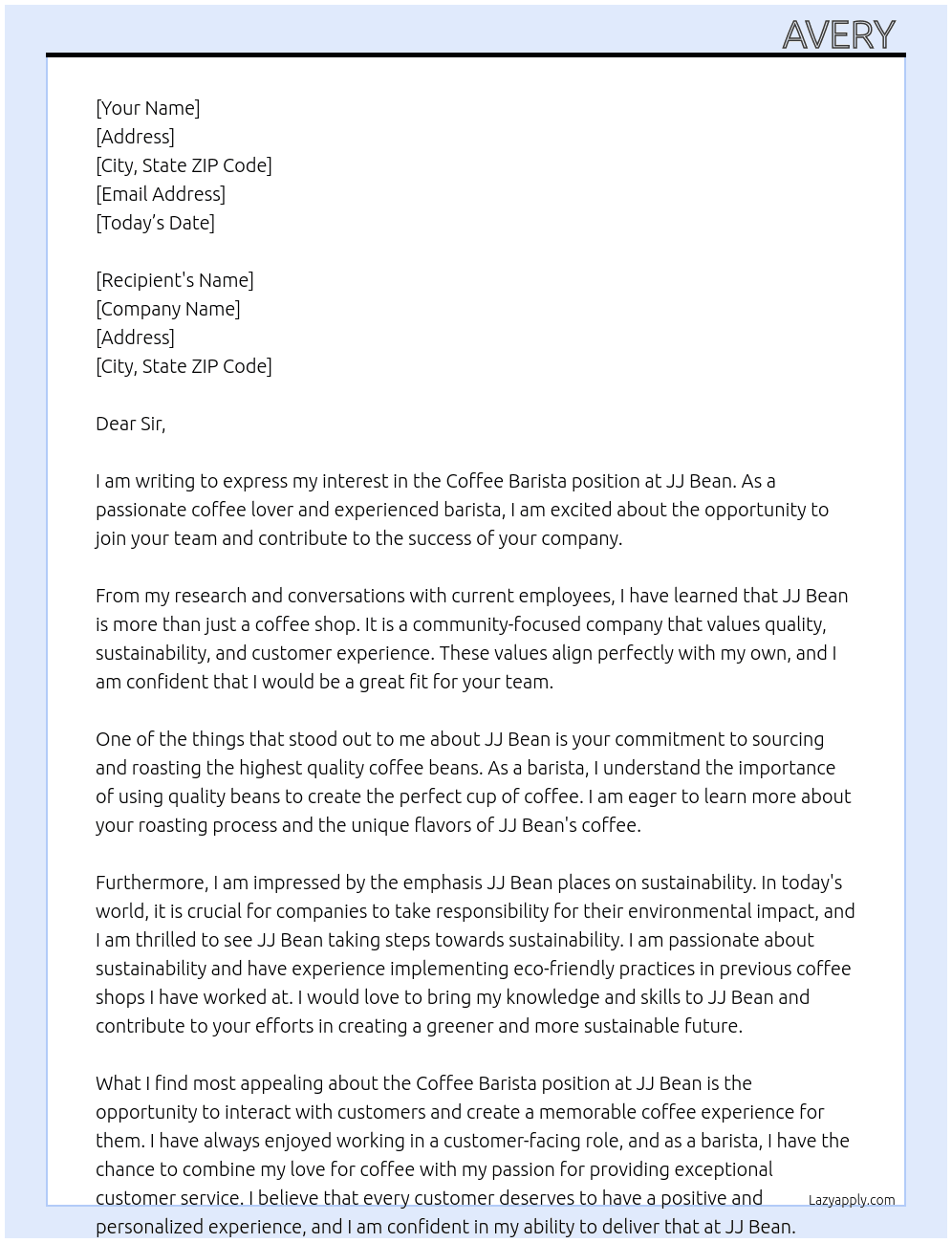 Coffee Barista  At JJ bean Cover Letter