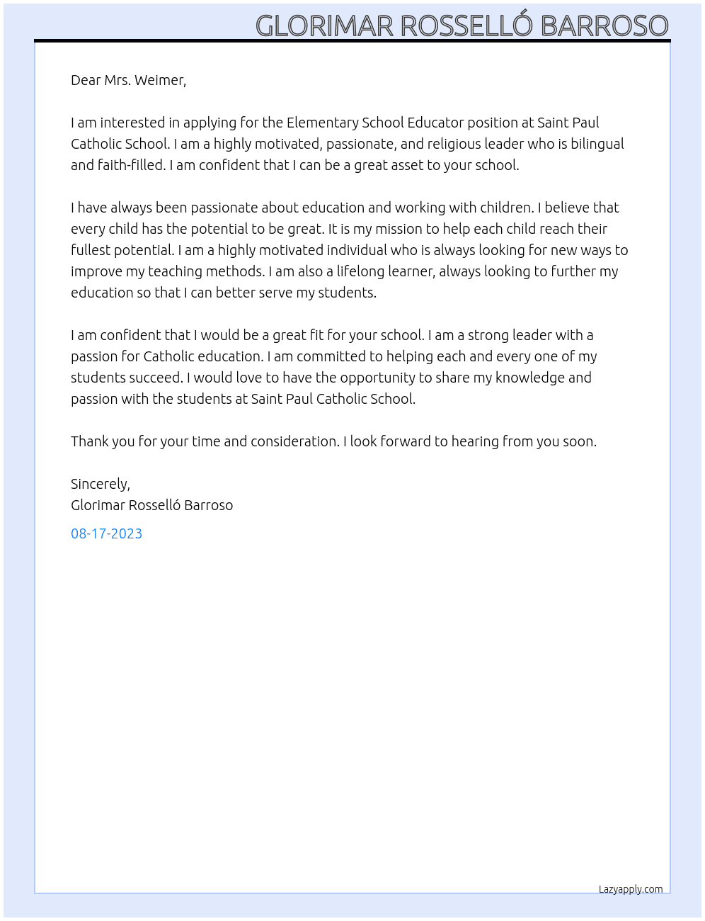 Elementary School Educator At Saint Paul Catholic School Cover Letter