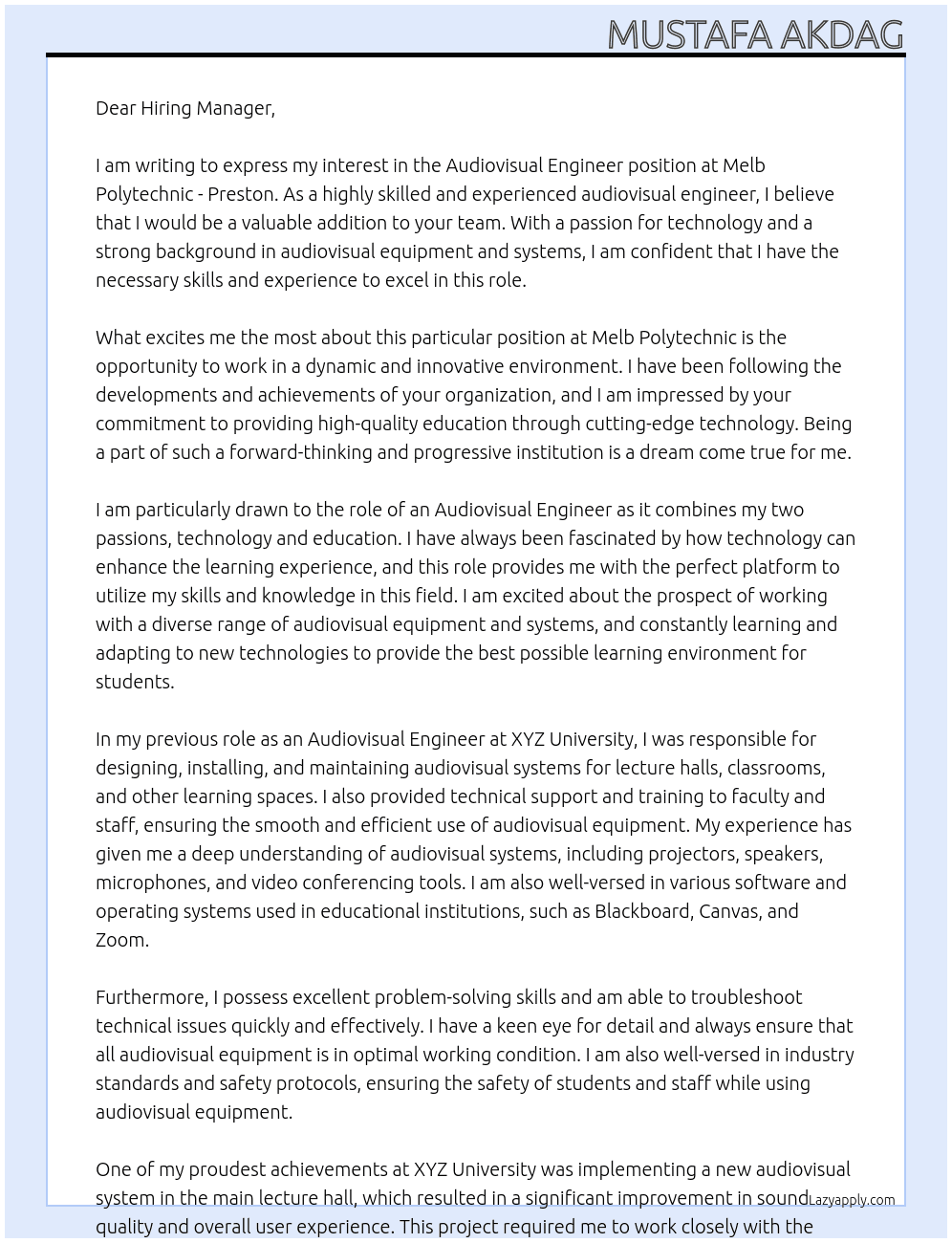 Audiovisual Engineer At Melb Polytechnic - Preston Cover Letter