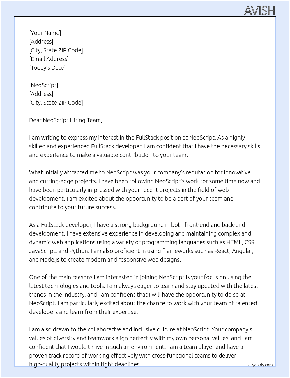 FullStack At NeoScript Cover Letter