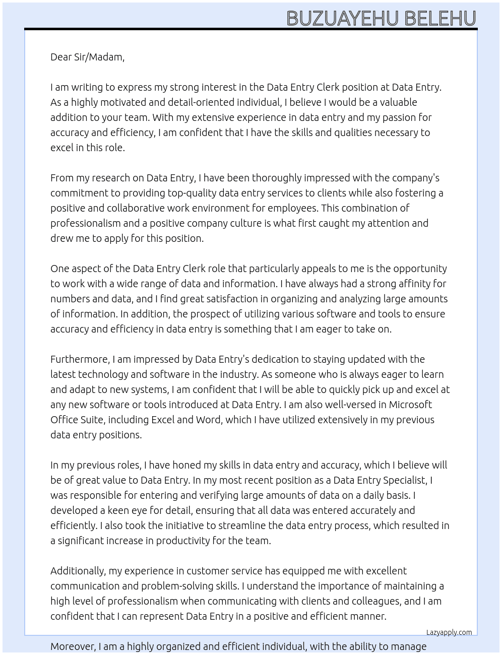 Data Entry Clerk At Data Entry Cover Letter