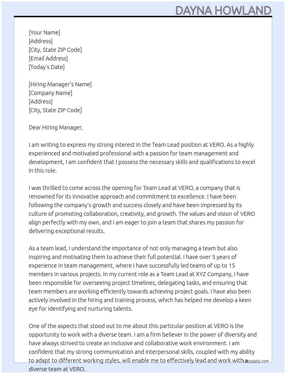 Team Lead At VERO Cover Letter