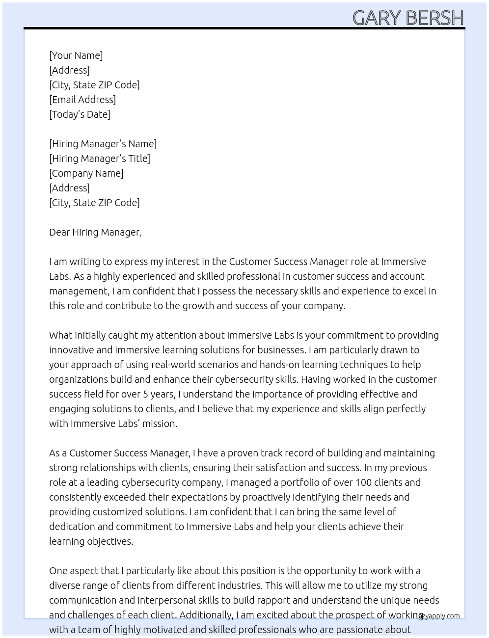 Customer Success Manager At Immersive Labs Cover Letter