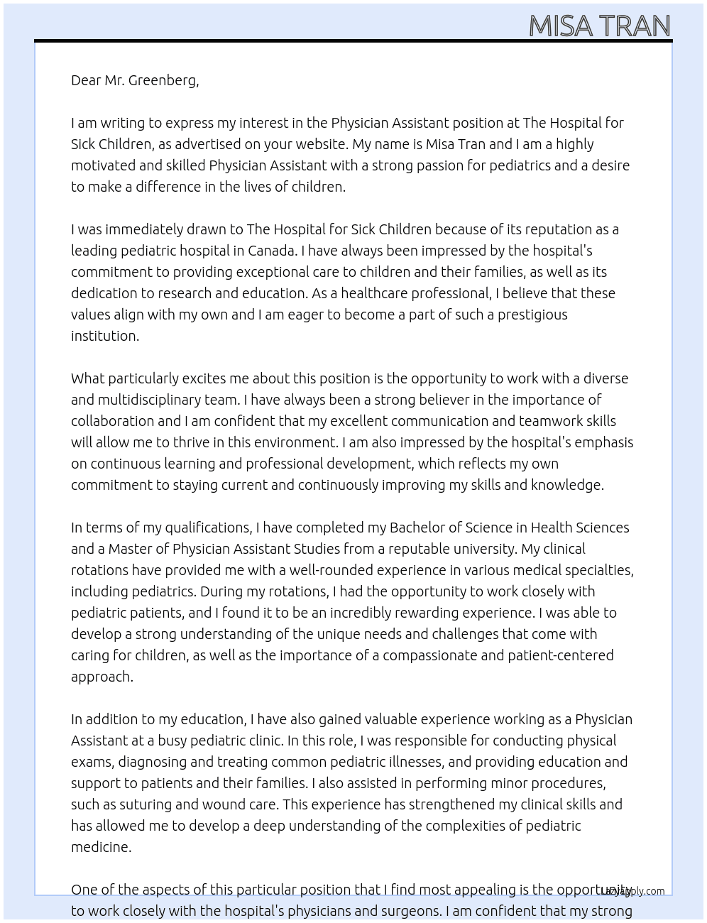 Physician Assitant At The Hospital for Sick Children Cover Letter