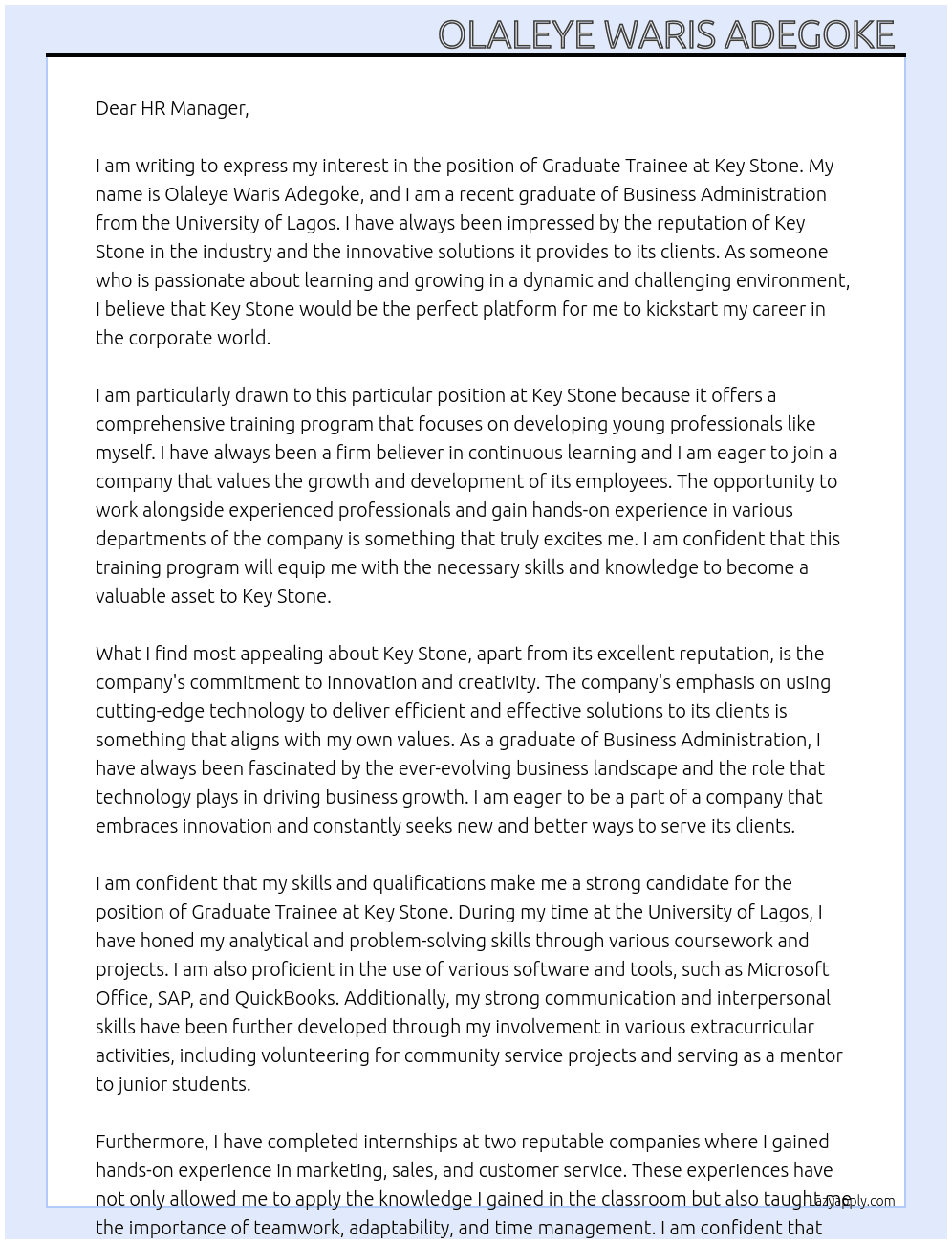 Graduate trainee At Key stone  Cover Letter
