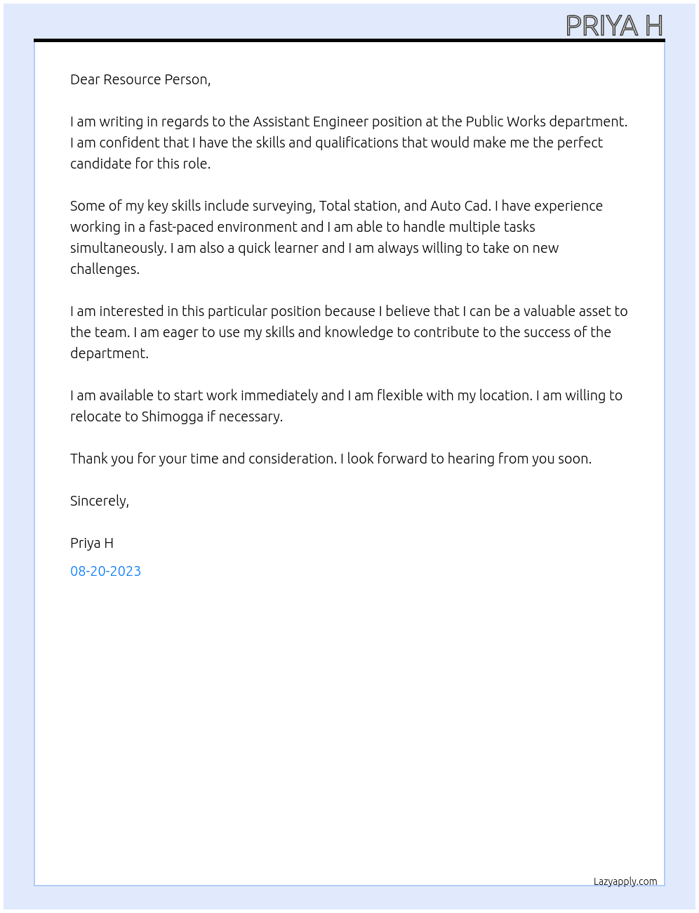 Assistant Engineer At Public Works department Cover Letter