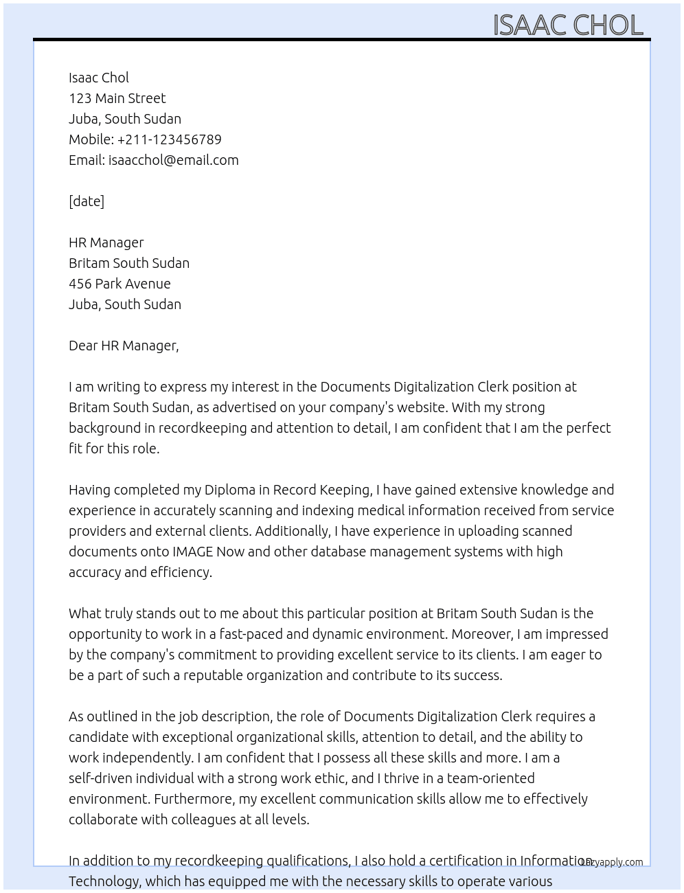 Documents Digitalization Clerk  At Britam South Sudan  Cover Letter