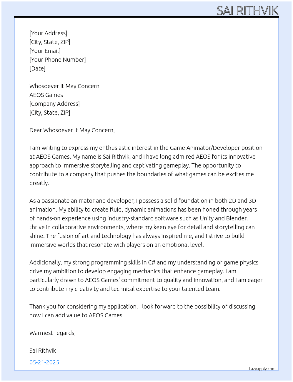 Game Animator/Developer At AEOS Games Cover Letter