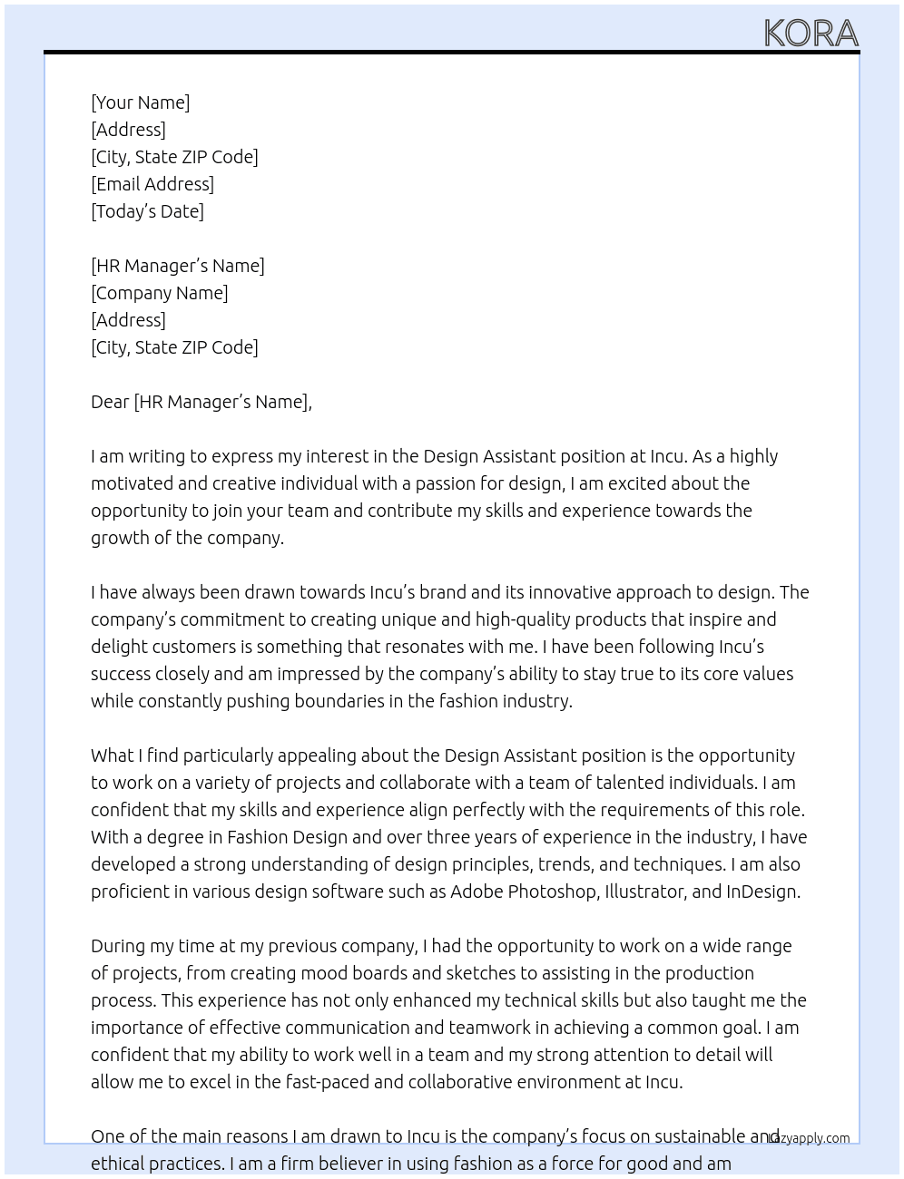 Design Assistant At Incu Cover Letter