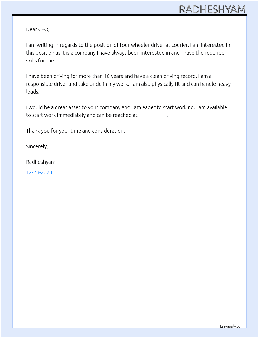 four wheeler driver At courier Cover Letter
