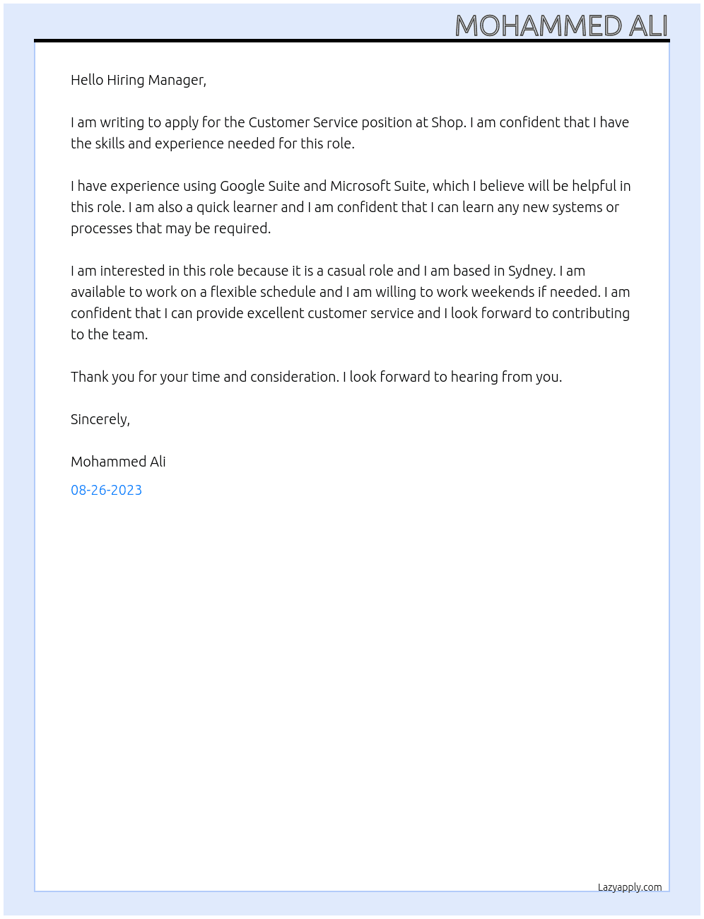 Customer Service At Shop Cover Letter