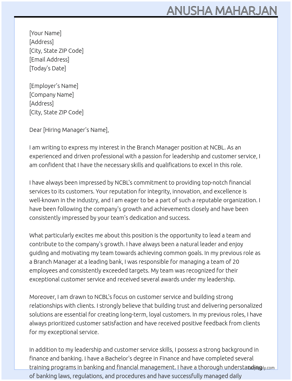Branch Manager At NCBL Cover Letter