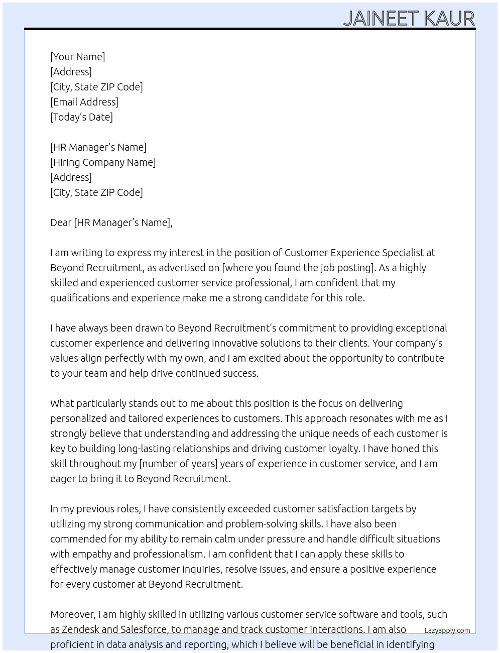 Customer Experience Specialist At Beyond Recruitment  Cover Letter