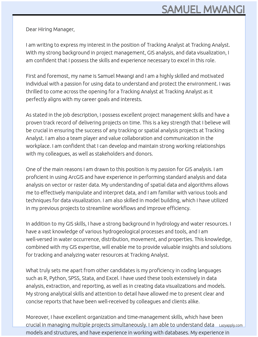Tracking Analyst At  Tracking Analyst Cover Letter
