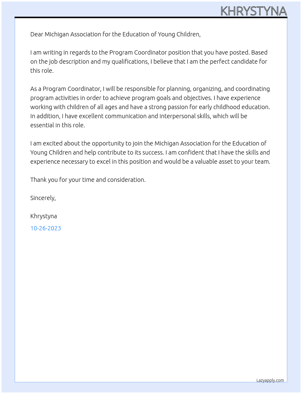 Program coordinator  At Michigan Association for the Education of Young Children Cover Letter