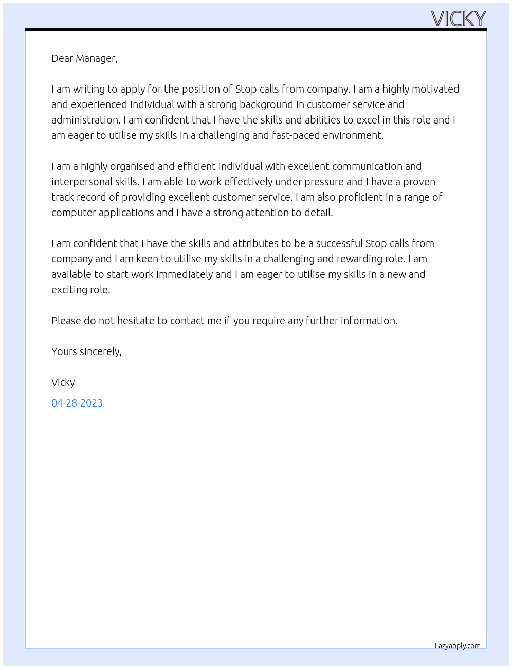 Stop calls from company  At Lazypay Cover Letter