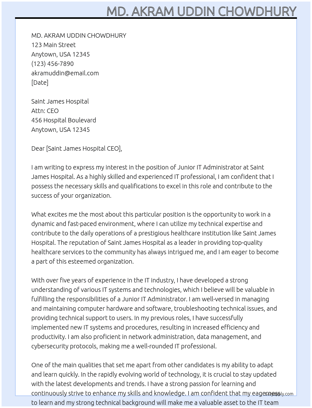 Junior IT Administrator At Saint James Hospital Cover Letter