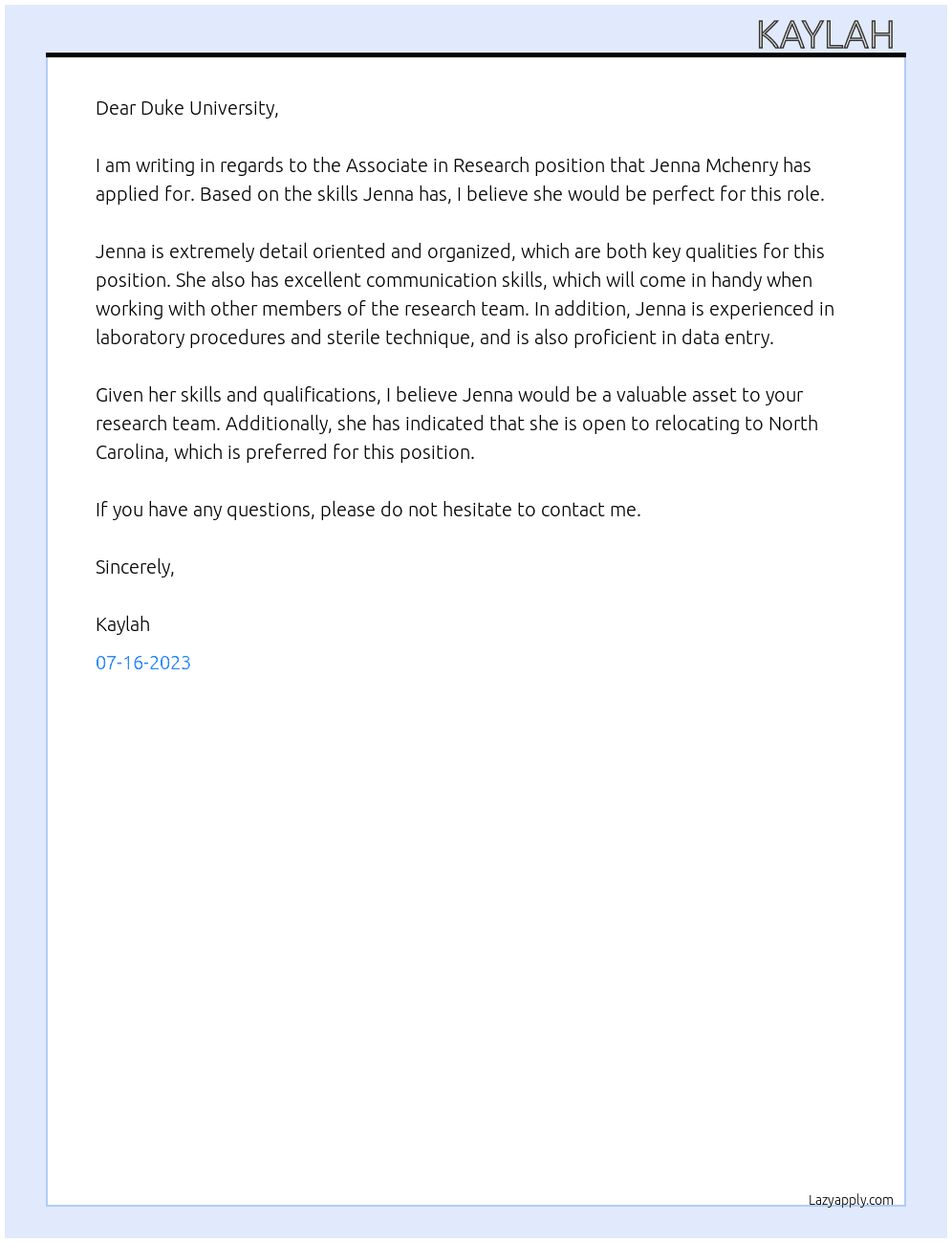 Associate in Research At Duke University Cover Letter
