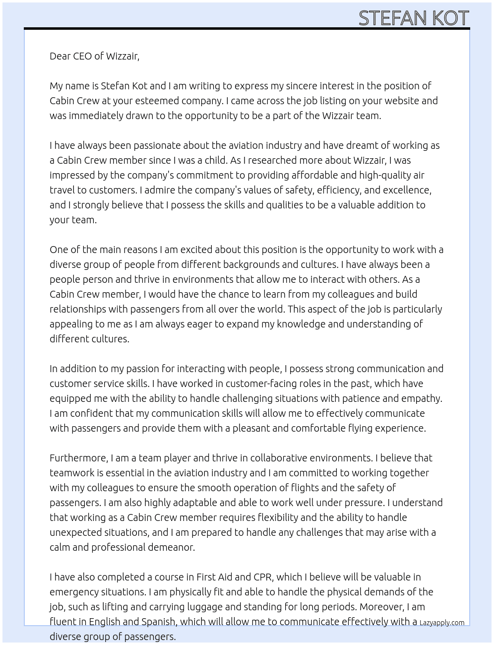 Cabin Crew  At Wizzair Cover Letter