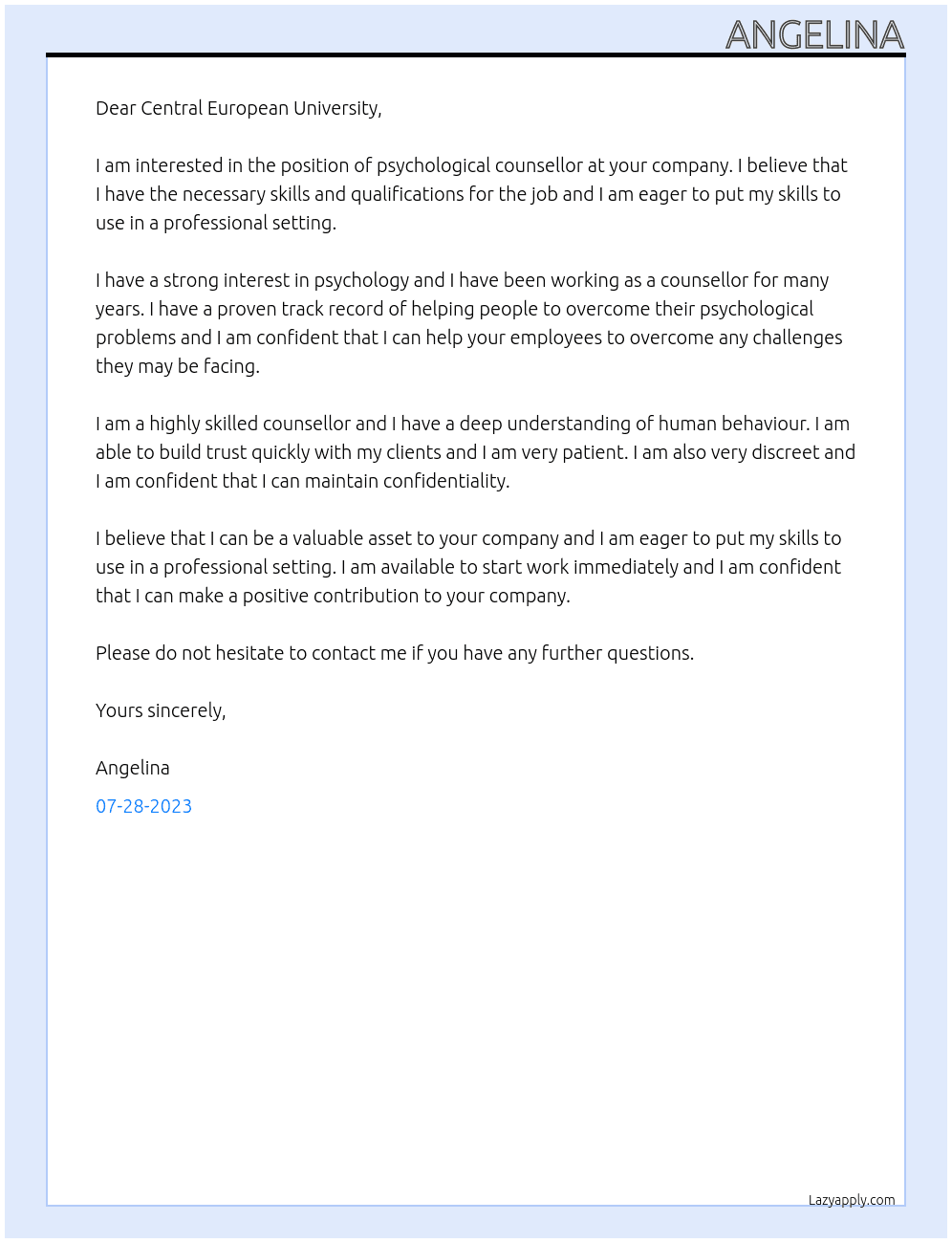 Psychological Counsellor At Central European University Cover Letter