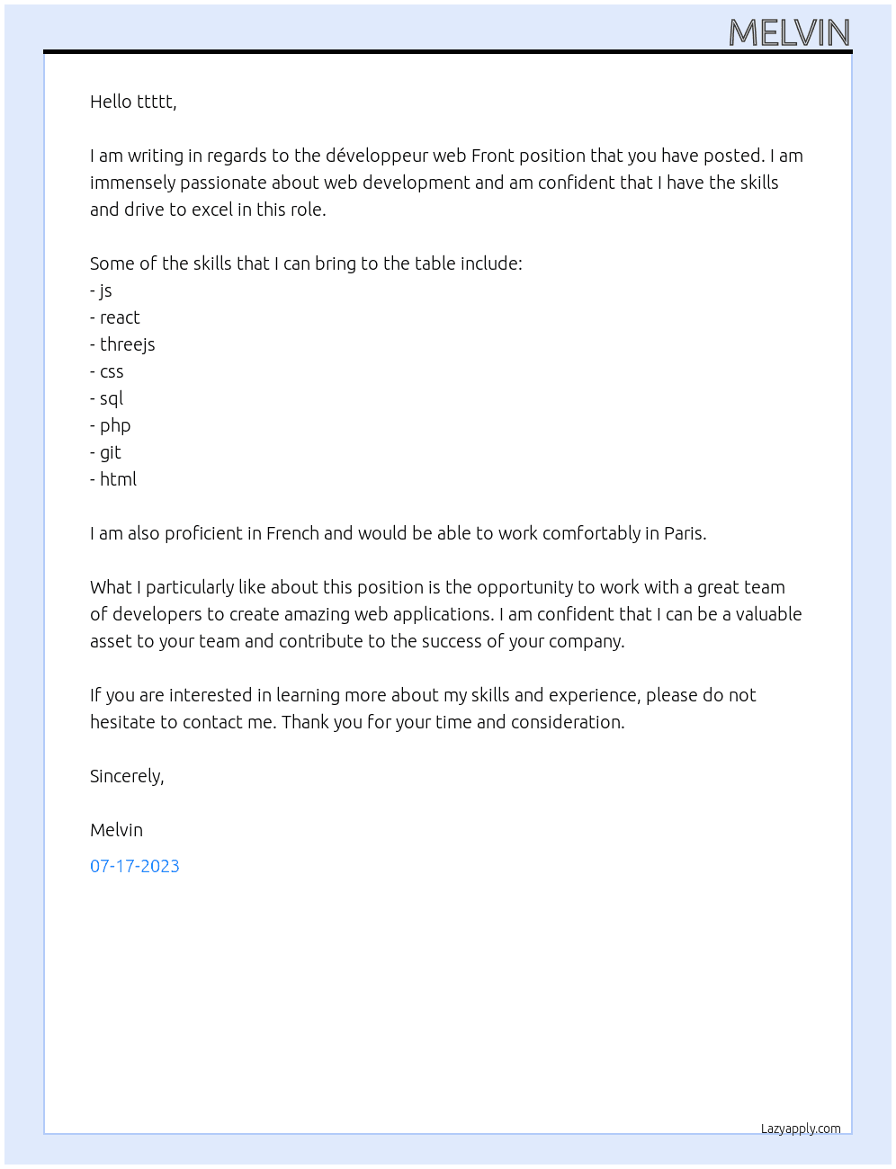 développeur web Front At ttttt Cover Letter