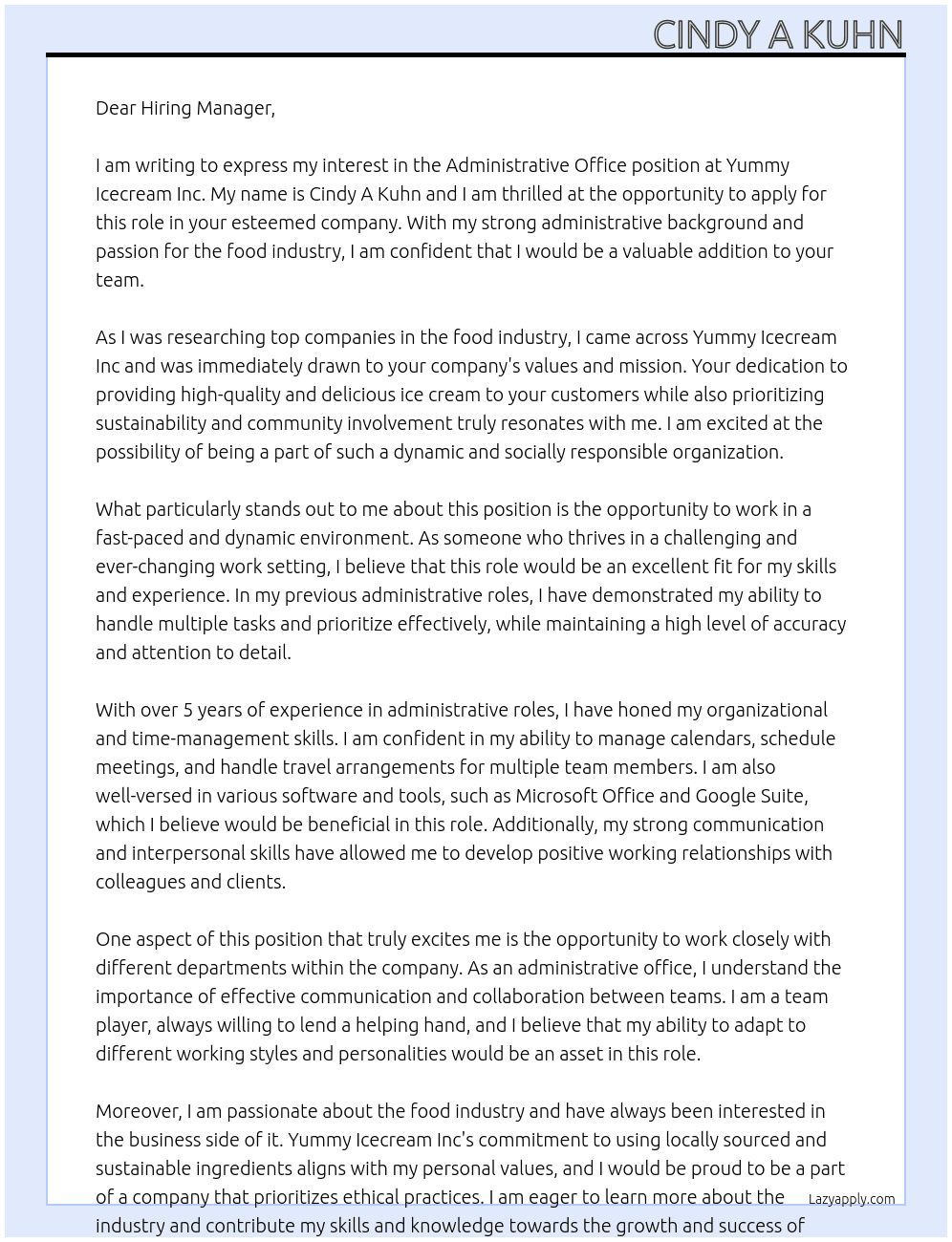 Administrative Office At Yummy Icecream Inc Cover Letter