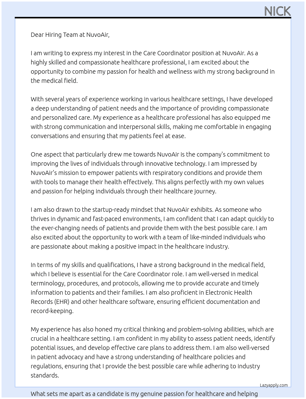 Care Coordinator  At NuvoAir Cover Letter