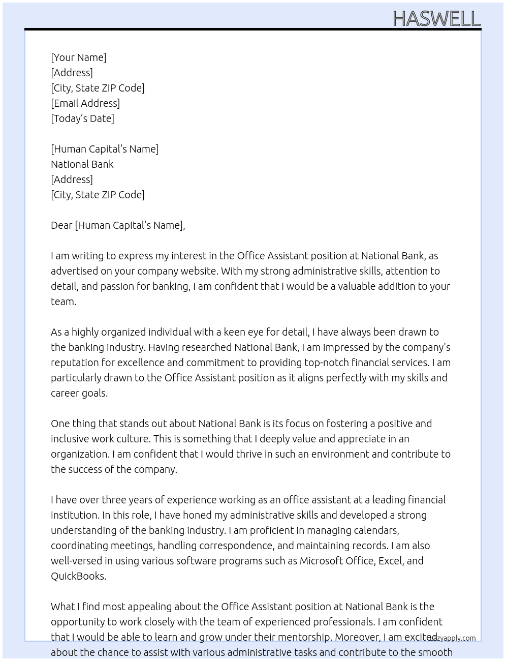 office assstant At national bank Cover Letter
