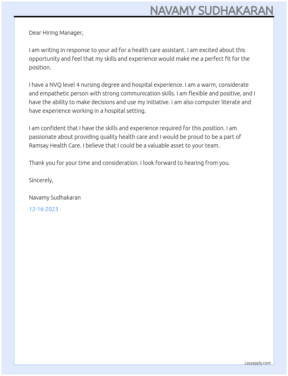 Health care assistant At Ramsay Health care Cover Letter