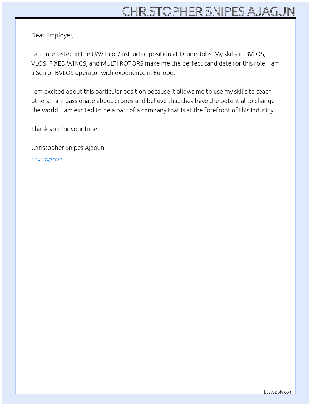 UAV Pilot/Instructor  At Drone jobs Cover Letter