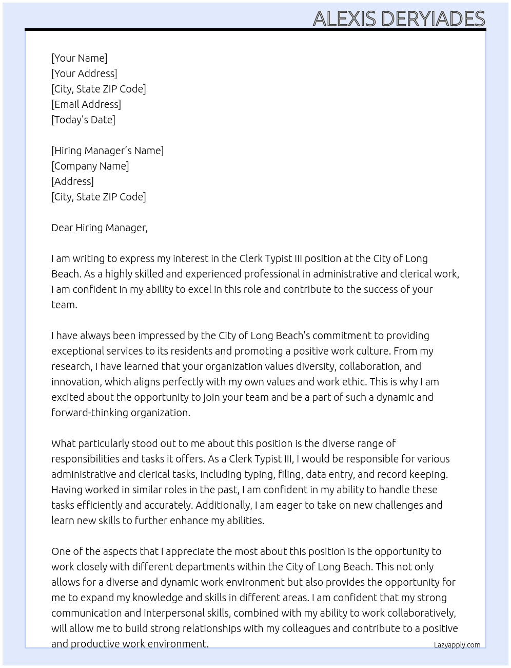 Clerk Typist III At City of Long Beach  Cover Letter