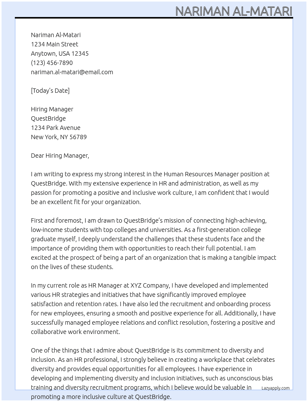 Human Resources Manager, HR & Administration At QuestBridge Cover Letter
