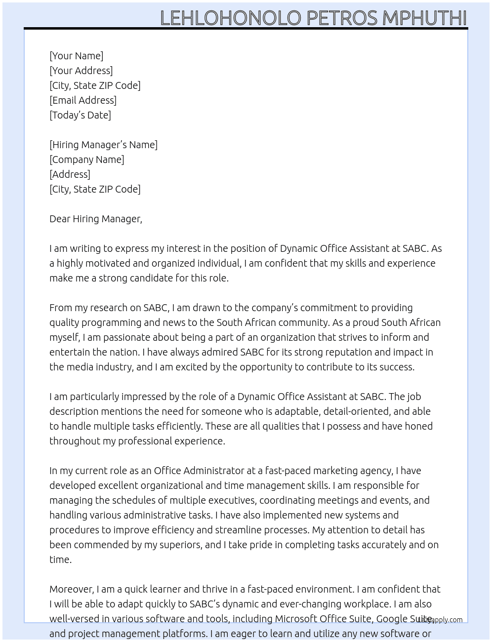 Dynamic Office Assistant At SABC Cover Letter