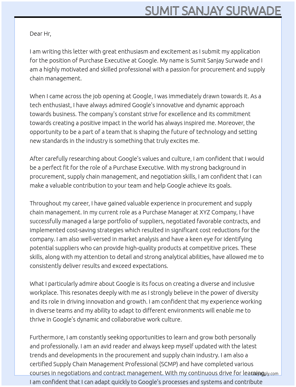 Purchase executive  At Google Cover Letter