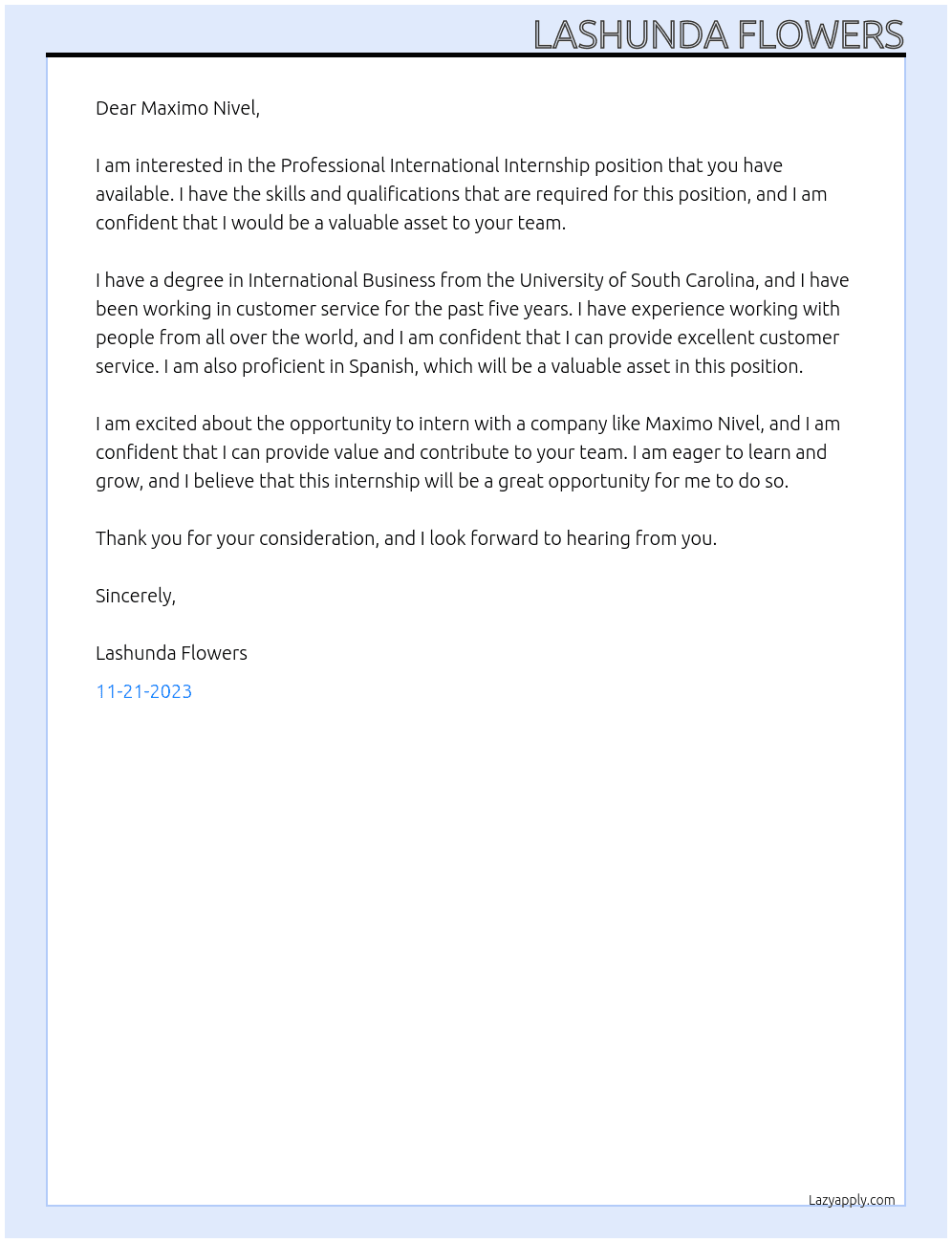 Professional International Internship  At Maximo Nivel Cover Letter