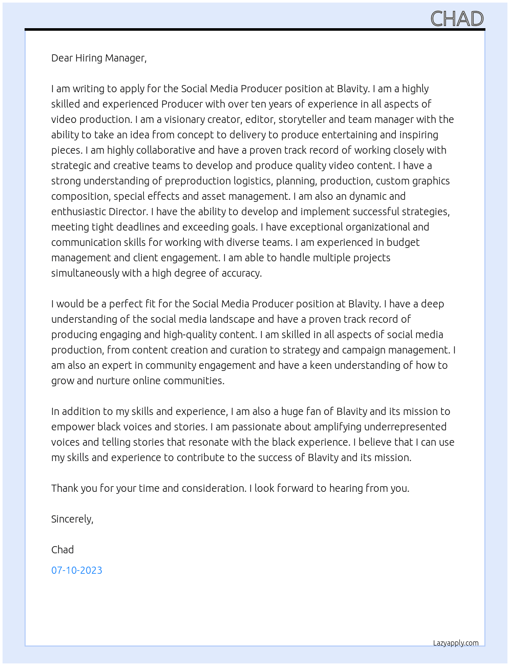 Social Media Producer At Blavity Cover Letter